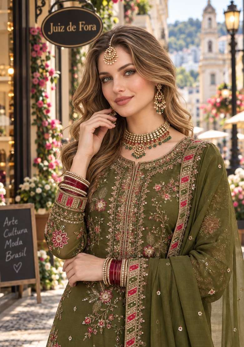 Mehendi Embroidery Chiffon Kurta Set - Indya