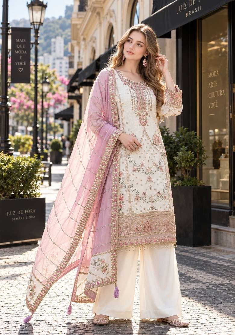 White Embroidery Georgette Kurta Set - Indya