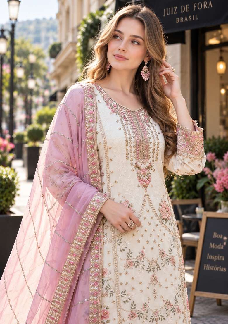 White Embroidery Georgette Kurta Set - Indya