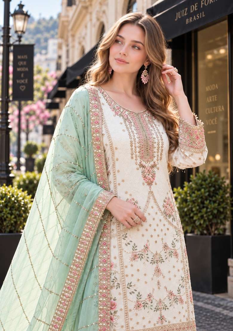 White Embroidery Georgette Kurta Set - Indya