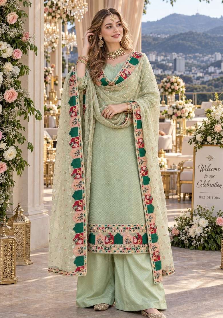 Green Embroidery Georgette Kurta Set - Indya