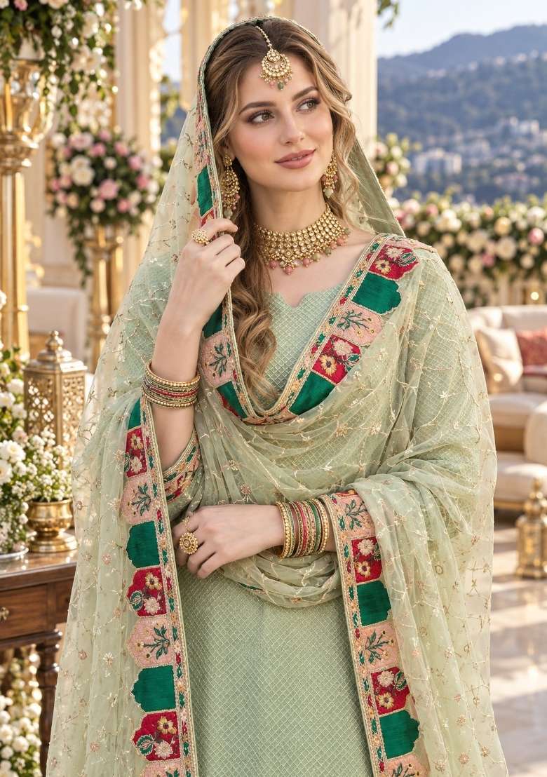 Green Embroidery Georgette Kurta Set - Indya