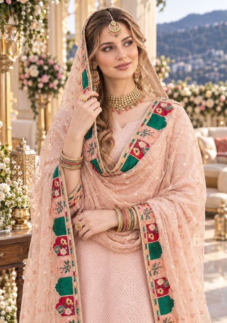 Baby Pink Embroidery Georgette Kurta Set - Indya