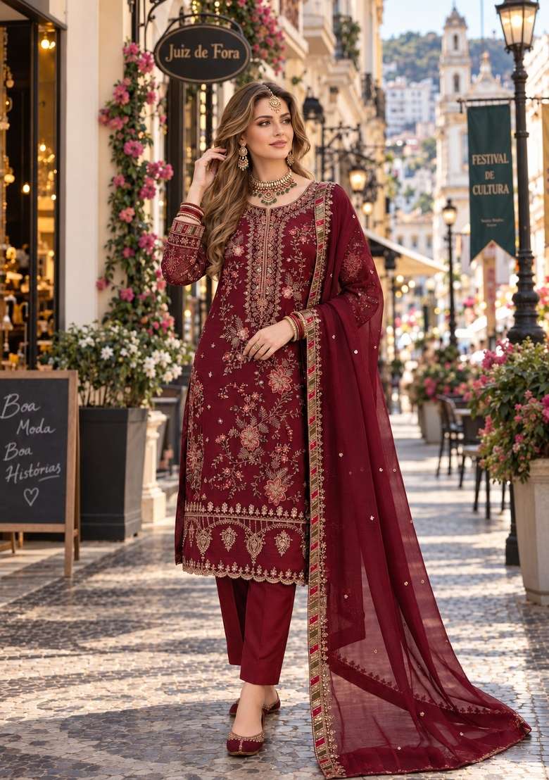Maroon Embroidery Chiffon Pakistani Suit - Indya