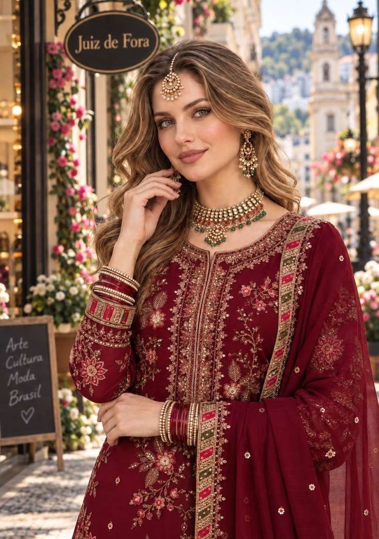 Maroon Embroidery Chiffon Pakistani Suit - Indya
