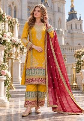 Yellow Embroidery Silk Kurta Set