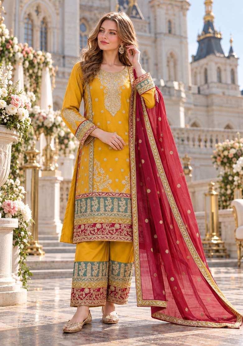 Yellow Embroidery Silk Kurta Set - Indya