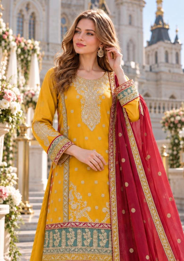 Yellow Embroidery Silk Kurta Set - Indya