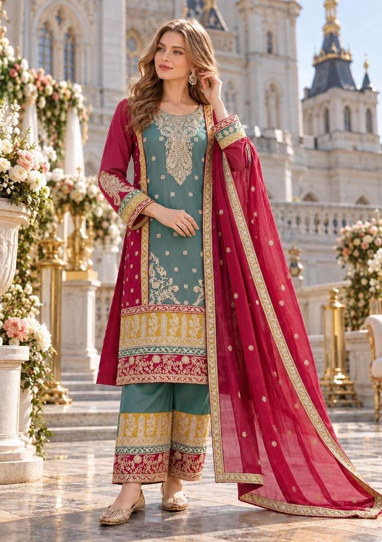 Blue Embroidery Silk Kurta Set - Indya