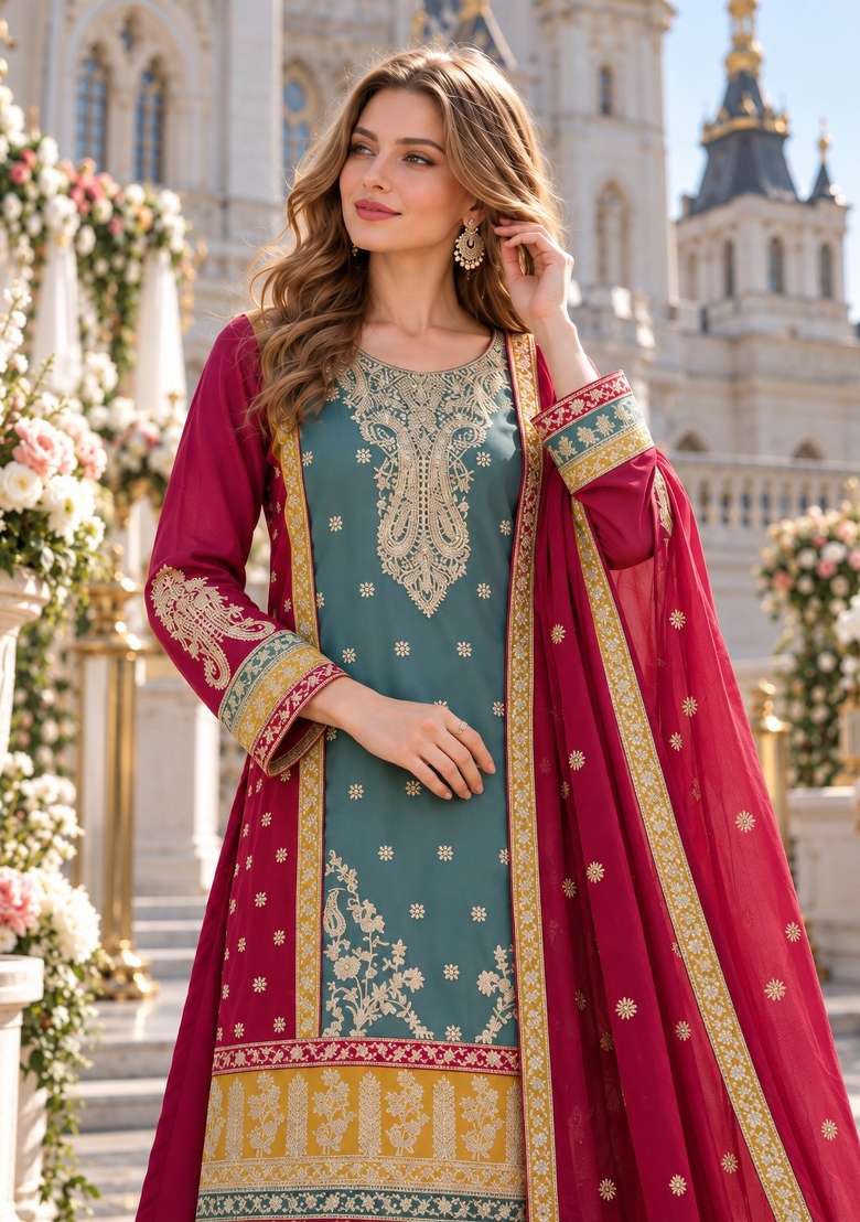 Blue Embroidery Silk Kurta Set - Indya