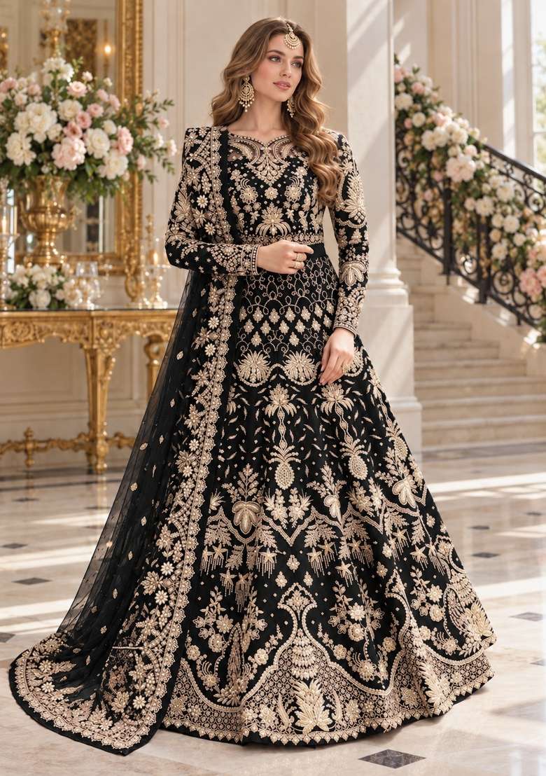 Black Embroidery Net Anarkali With Dupatta - Indya
