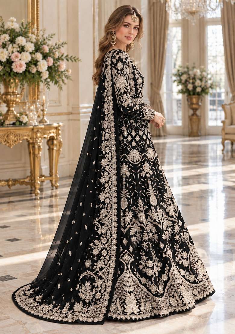 Black Embroidery Net Anarkali With Dupatta - Indya