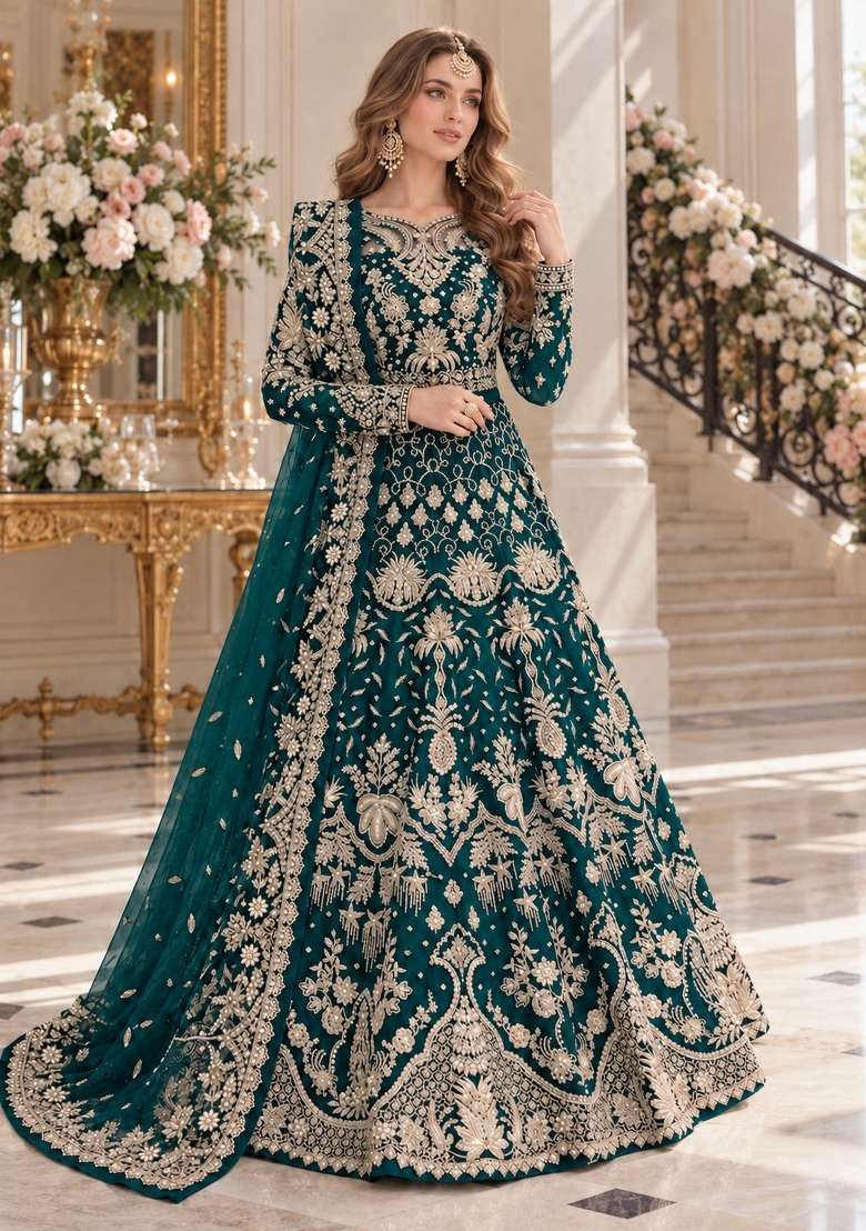 Teal Blue Embroidery Net Anarkali With Dupatta - Indya