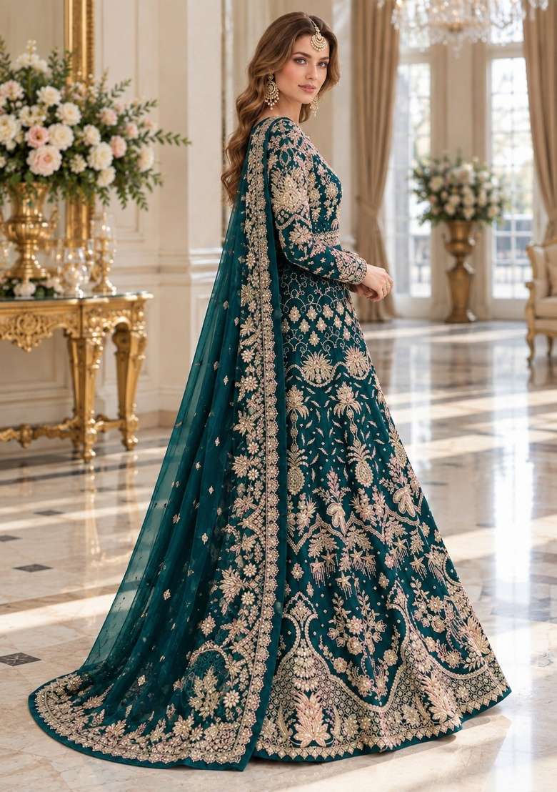 Teal Blue Embroidery Net Anarkali With Dupatta - Indya