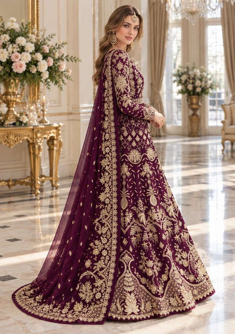 Wine Embroidery Net Anarkali With Dupatta - Indya