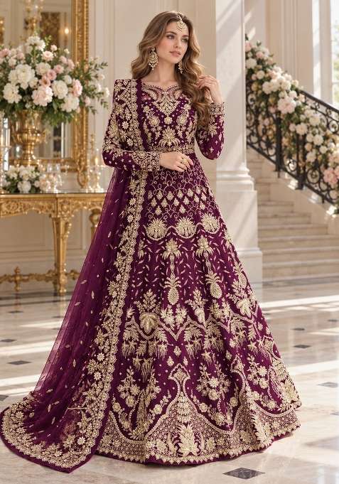 Wine Embroidery Net Anarkali With Dupatta