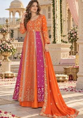 Orange Embroidery Silk Anarkali Set