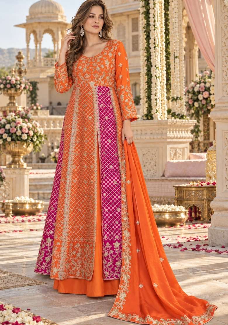 Orange Embroidery Silk Anarkali Set - Indya