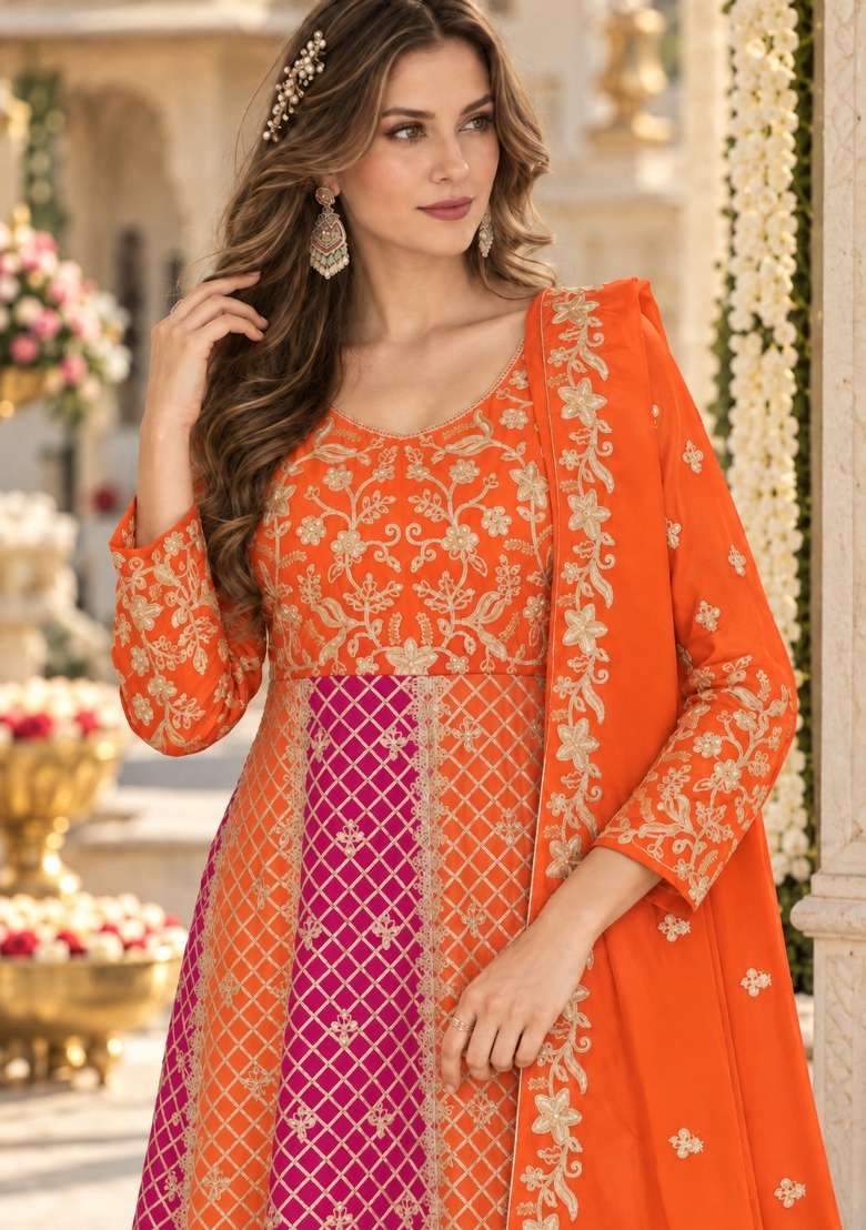 Orange Embroidery Silk Anarkali Set - Indya