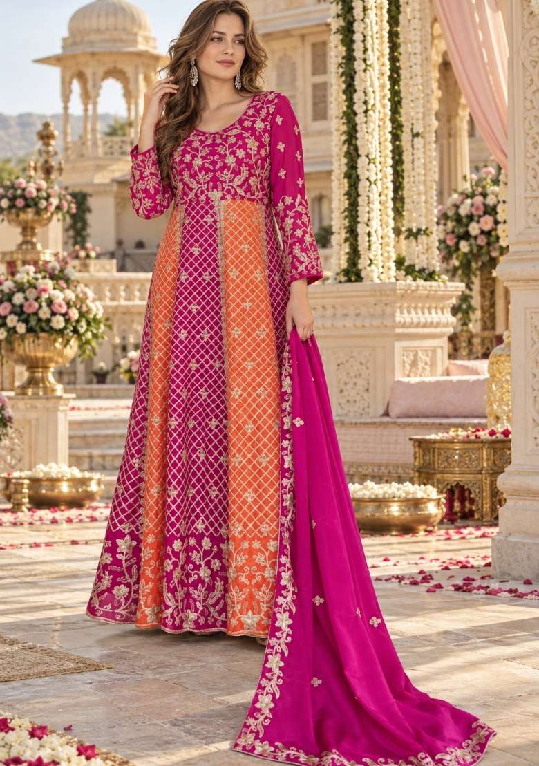 Magenta Embroidery Silk Anarkali Set - Indya