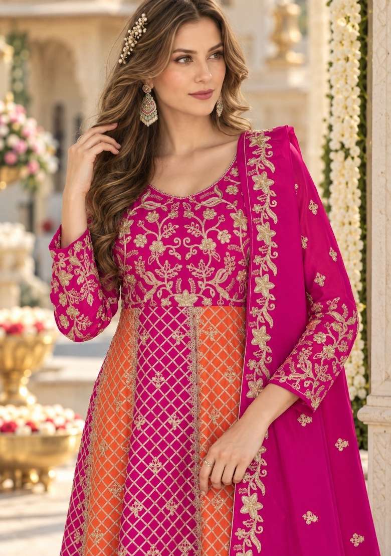 Magenta Embroidery Silk Anarkali Set - Indya