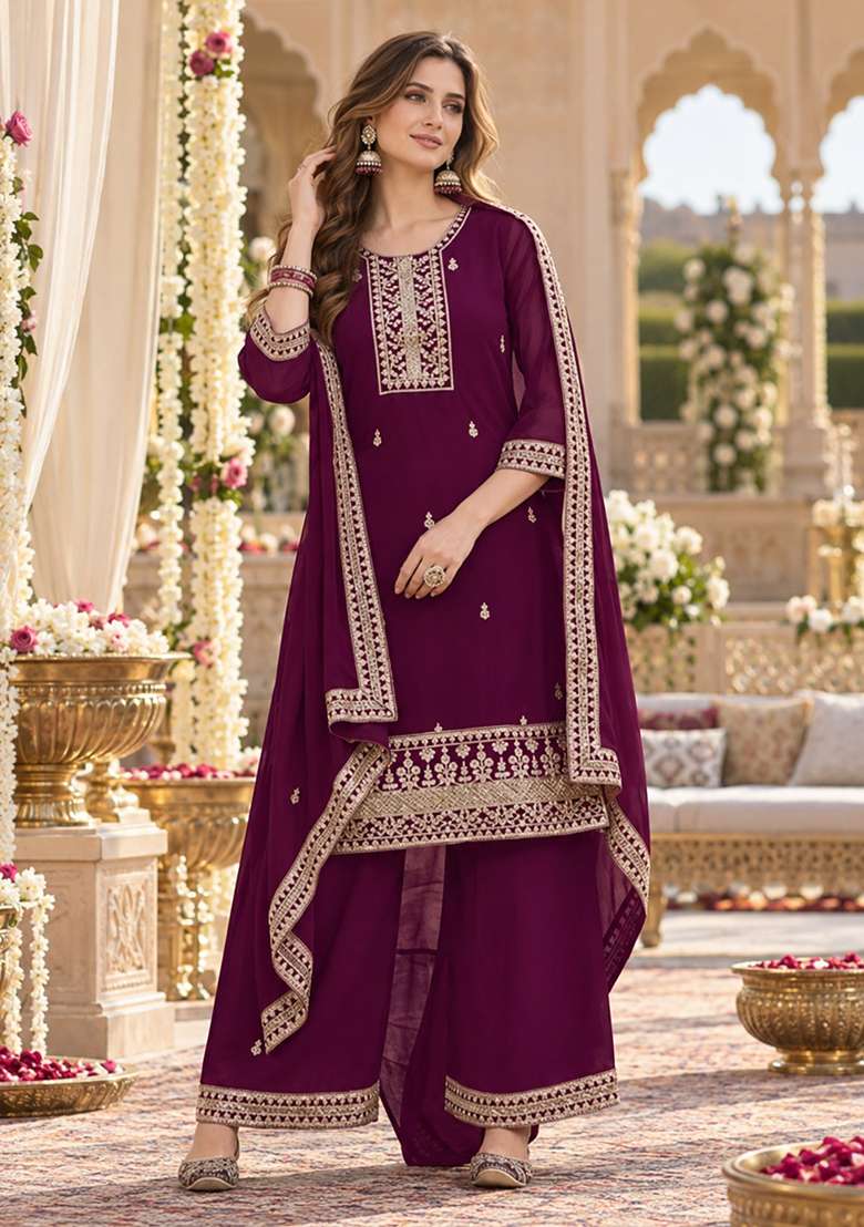 Purple Embroidery Georgette Kurta Set - Indya