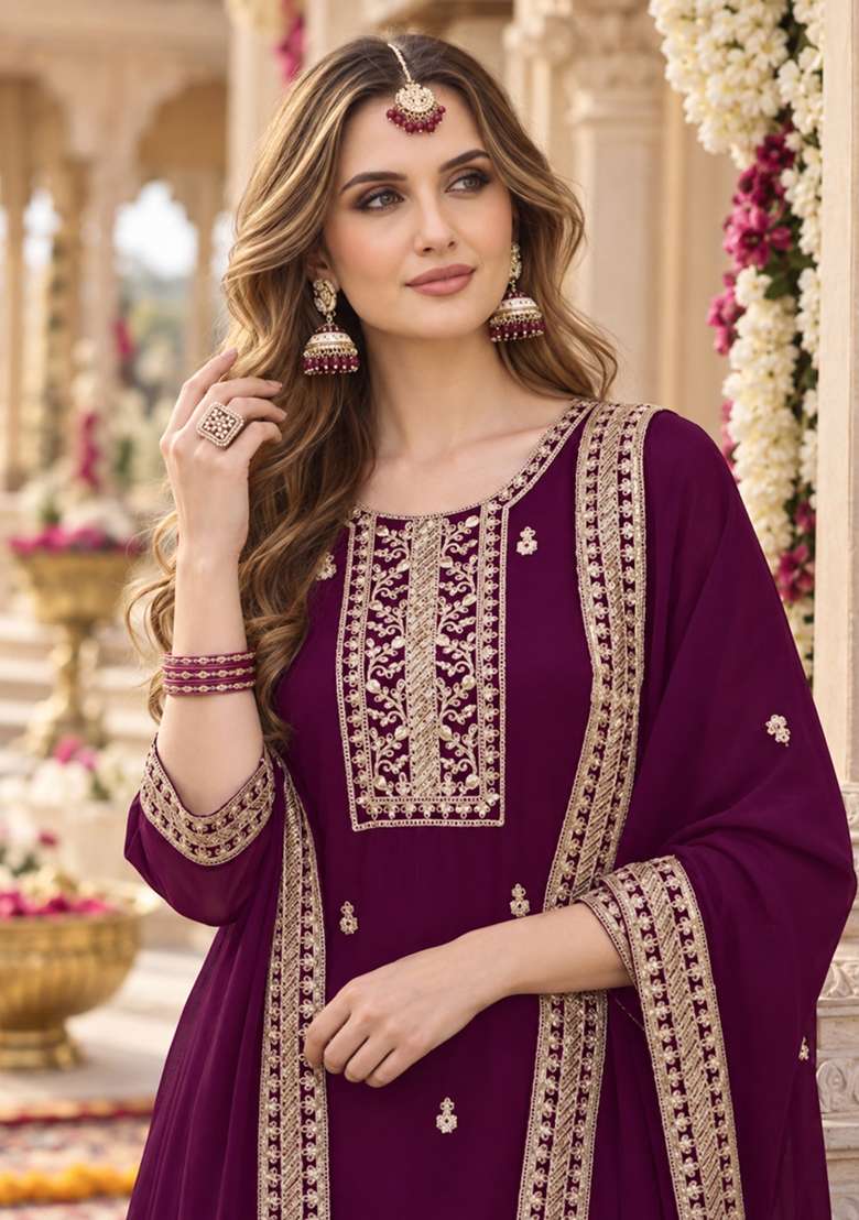 Purple Embroidery Georgette Kurta Set - Indya