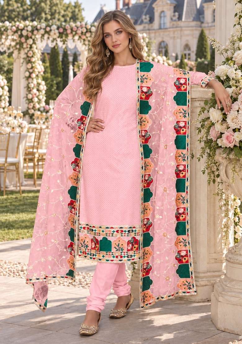 Baby Pink Embroidery Georgette Kurta Set - Indya