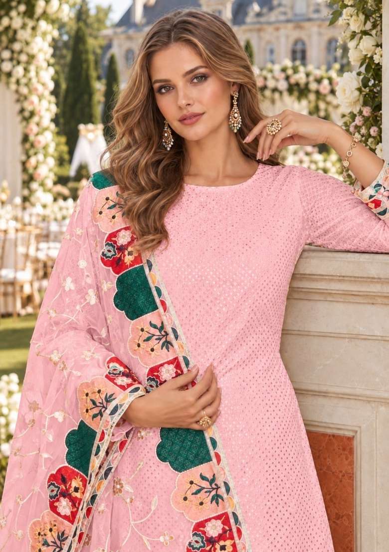 Baby Pink Embroidery Georgette Kurta Set - Indya