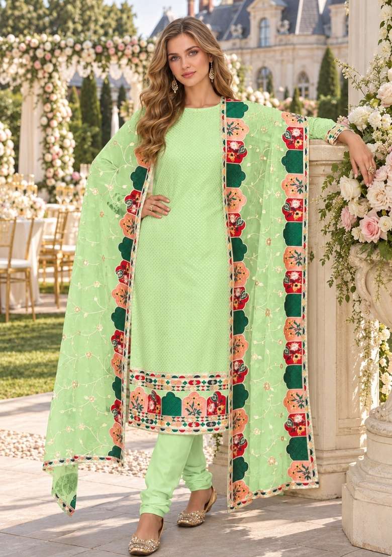 Green Embroidery Georgette Kurta Set - Indya