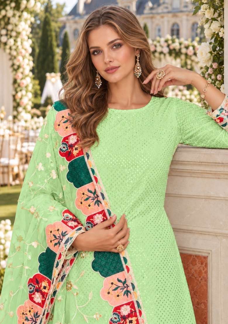 Green Embroidery Georgette Kurta Set - Indya