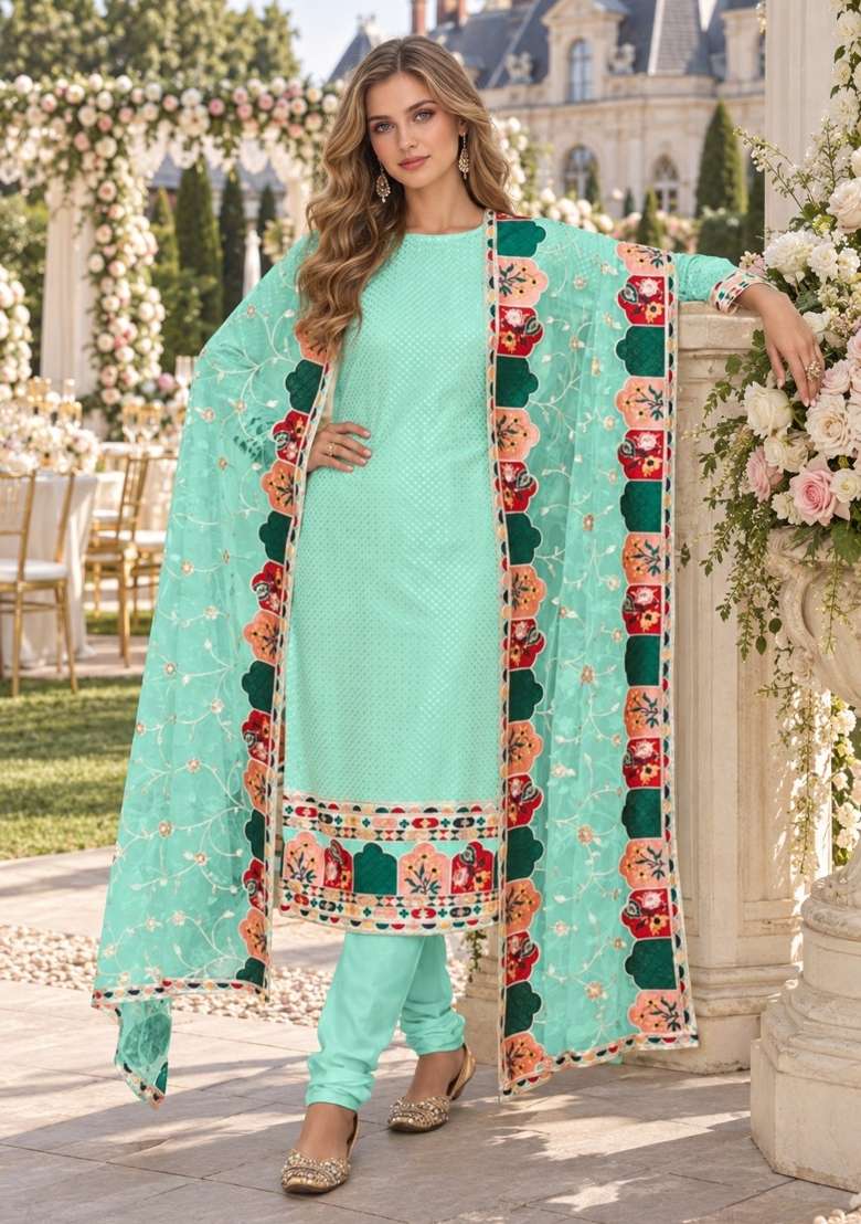 Turquoise Embroidery Georgette Kurta Set - Indya