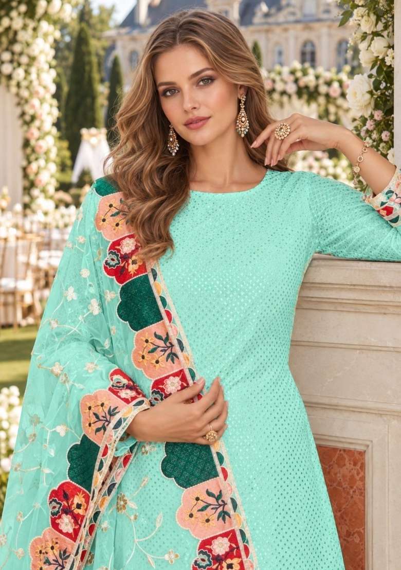 Turquoise Embroidery Georgette Kurta Set - Indya