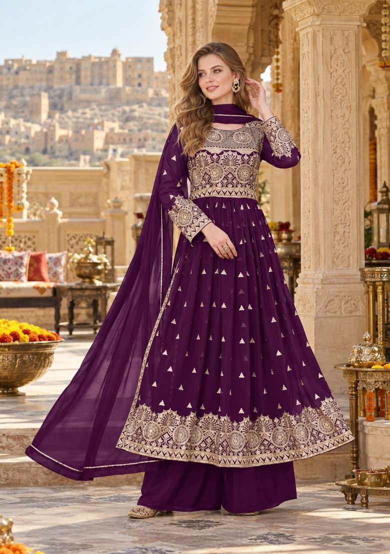 Purple Embroidery Georgette Kurta Set - Indya