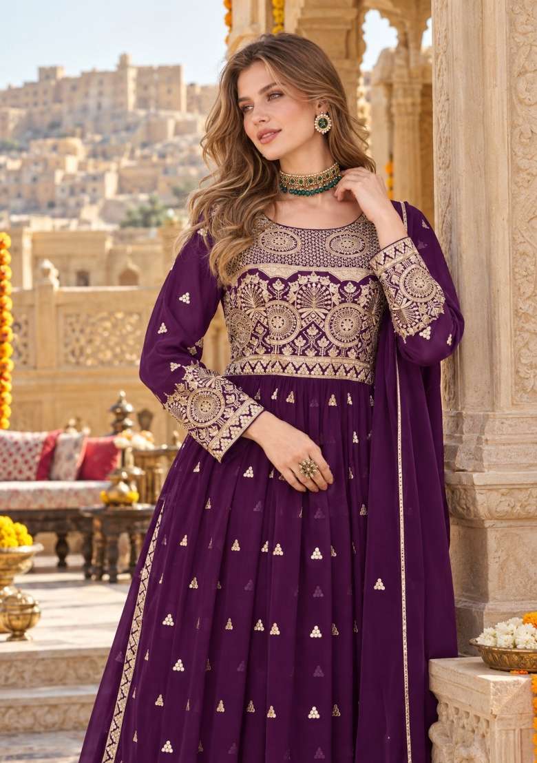 Purple Embroidery Georgette Kurta Set - Indya