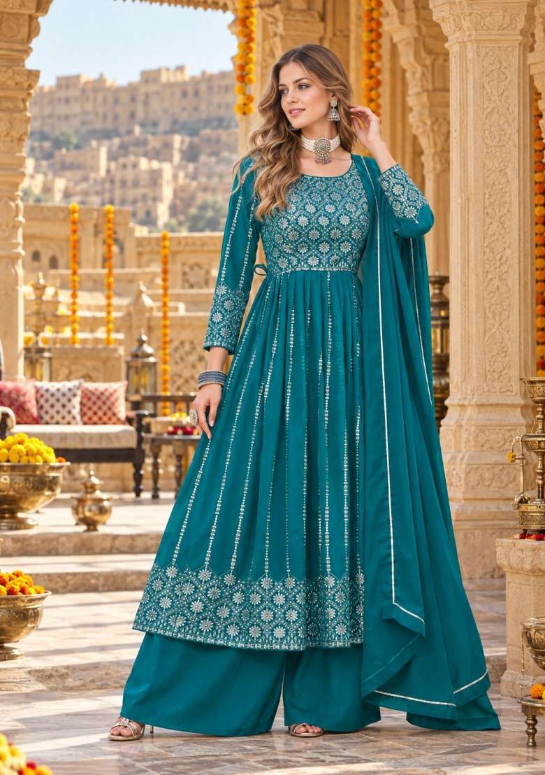 Blue Embroidery Georgette Kurta Set - Indya