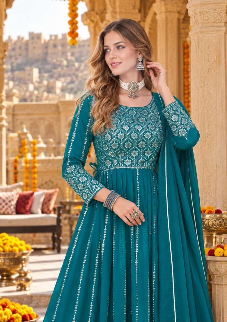 Blue Embroidery Georgette Kurta Set - Indya