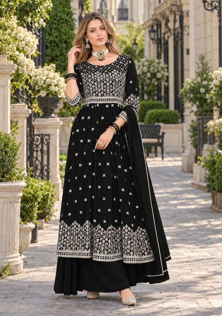 Black Embroidery Georgette Kurta Set - Indya