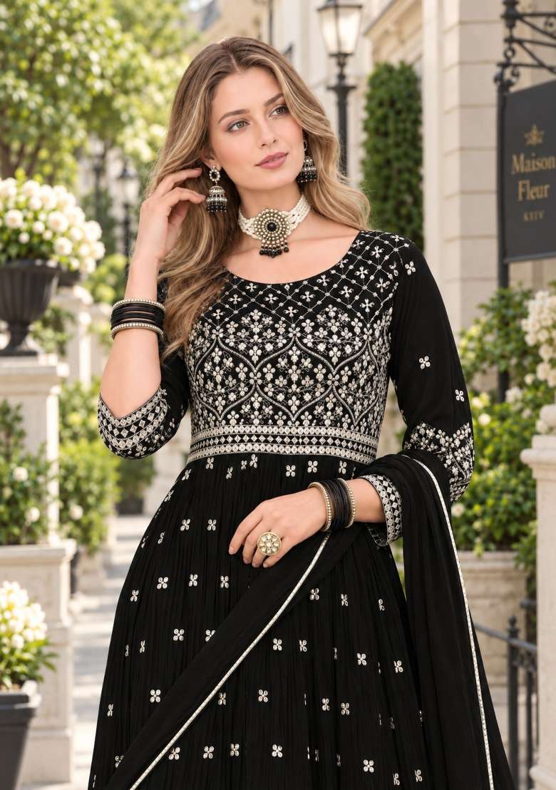 Black Embroidery Georgette Kurta Set - Indya