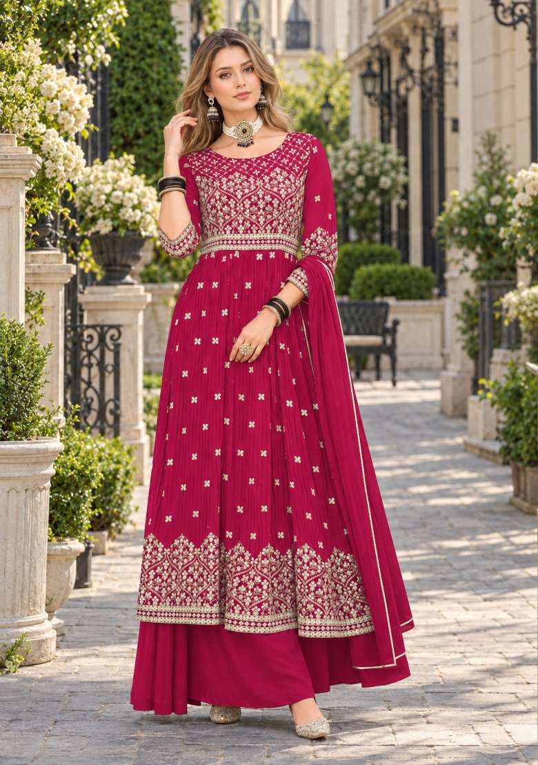 Red Embroidery Georgette Kurta Set - Indya