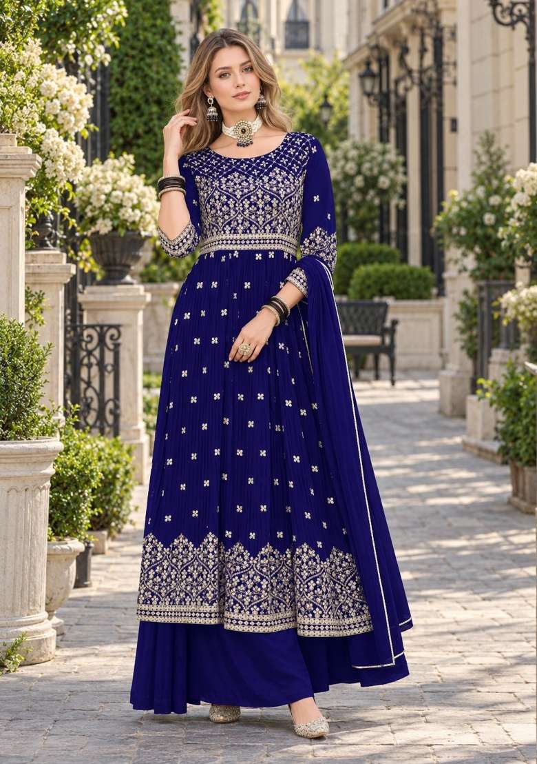 Navy Blue Embroidery Georgette Kurta Set - Indya