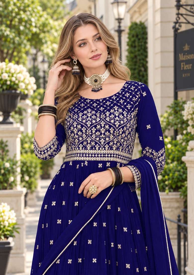 Navy Blue Embroidery Georgette Kurta Set - Indya