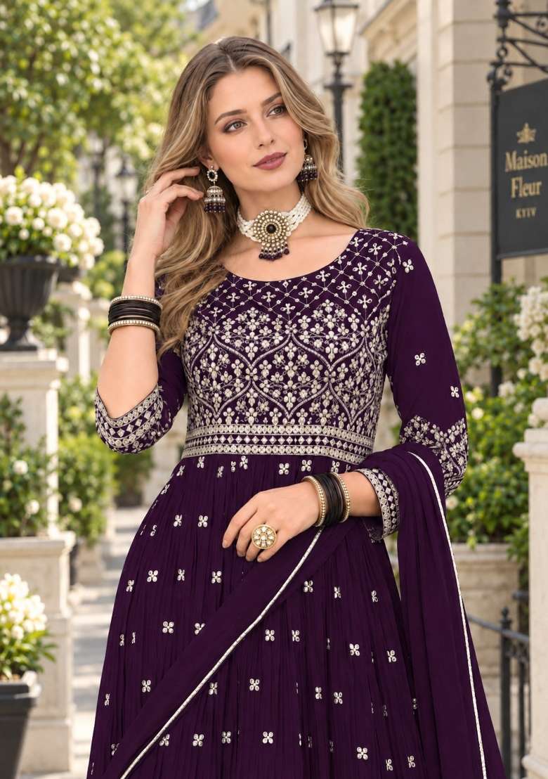 Purple Embroidery Georgette Kurta Set - Indya