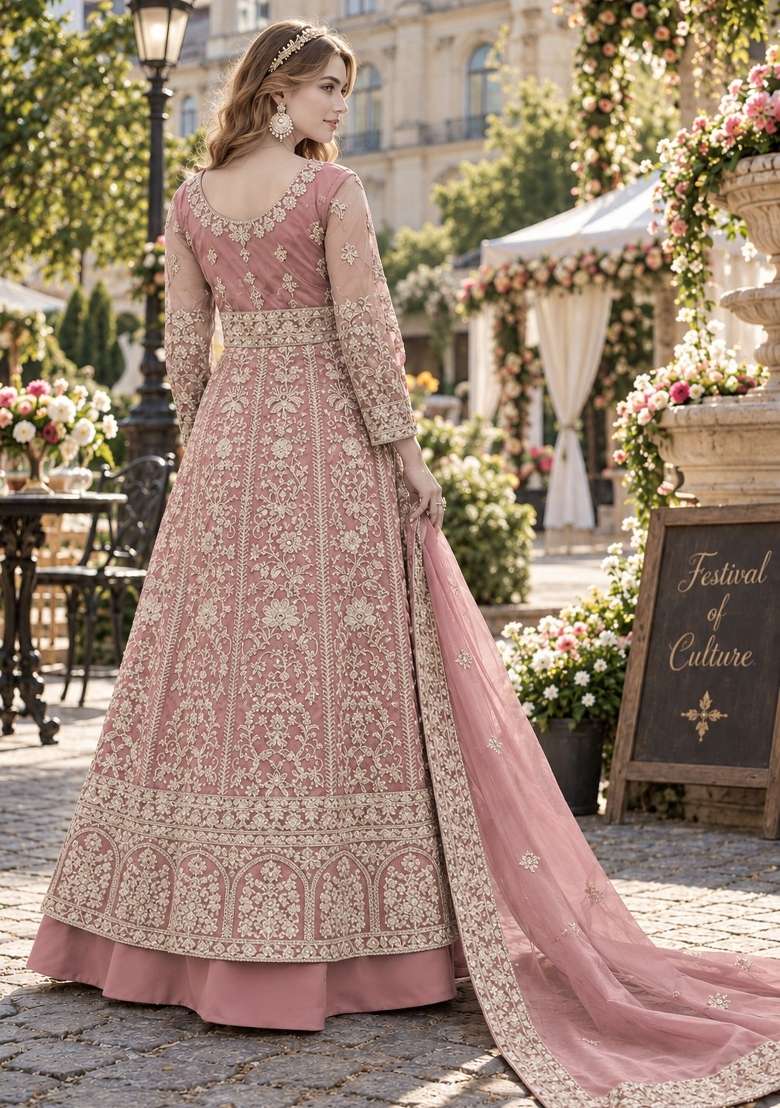 Peach Embroidery Net Anarkali Set - Indya