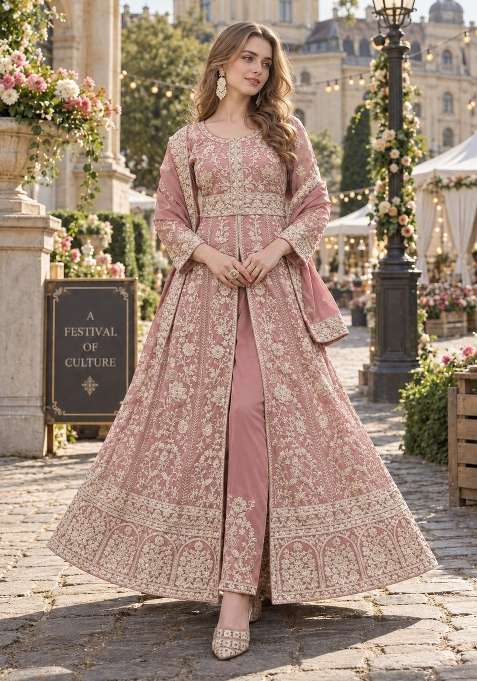 Peach Embroidery Net Anarkali Set