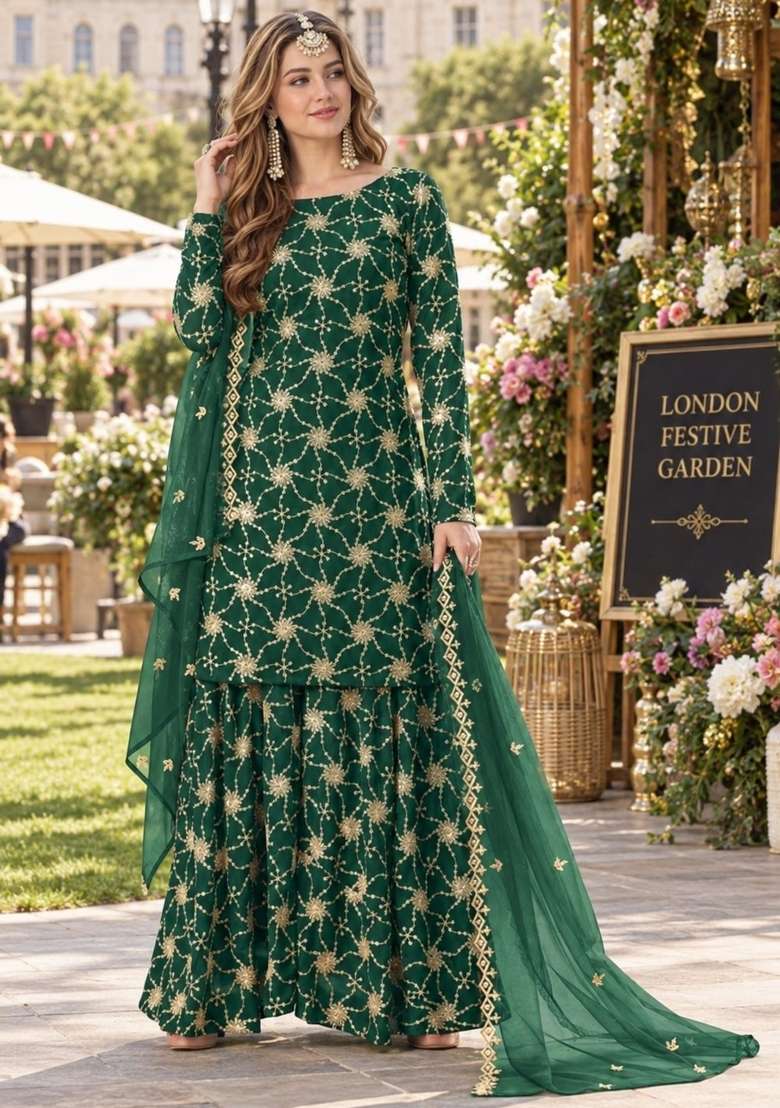 Dark Green Embroidery Georgette Kurta Set - Indya