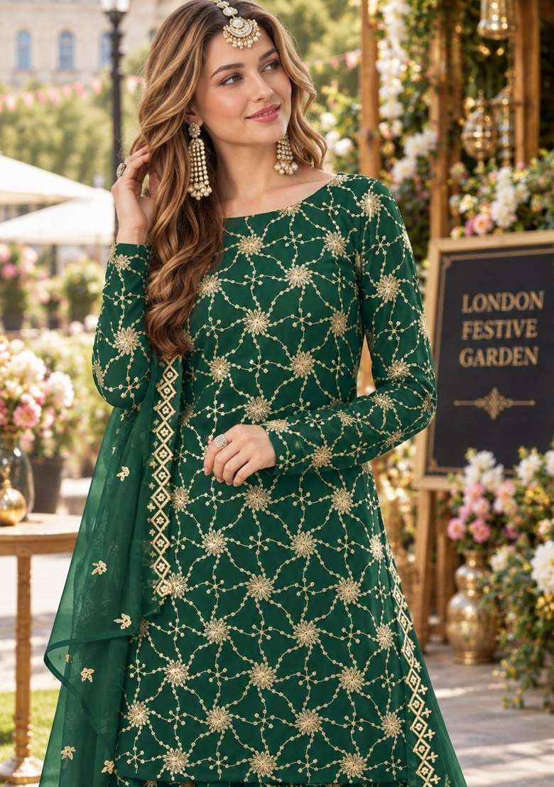 Dark Green Embroidery Georgette Kurta Set - Indya