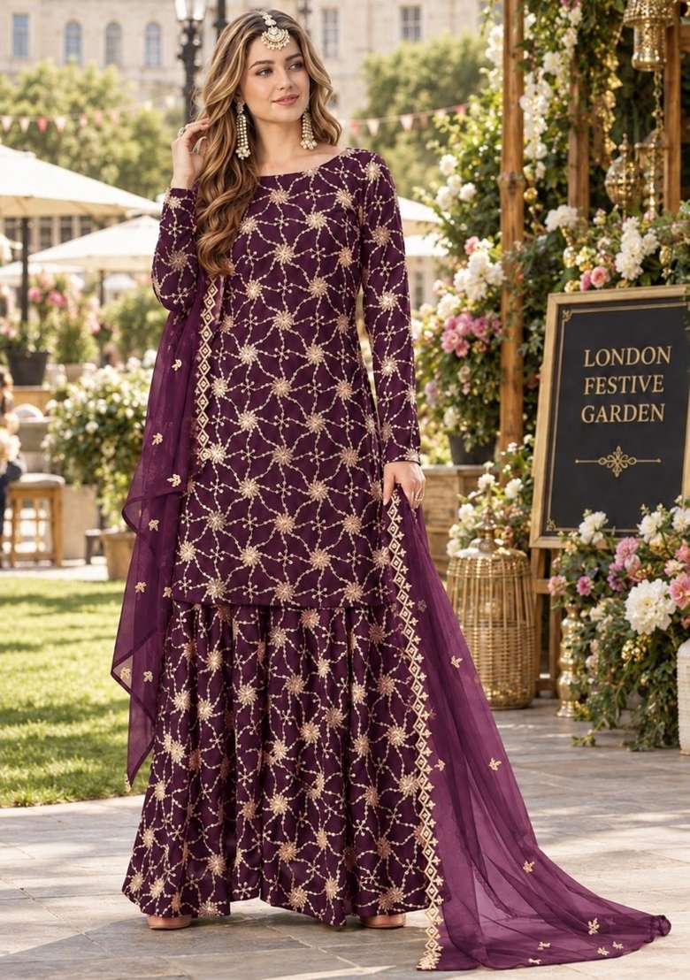 Purple Embroidery Georgette Kurta Set - Indya