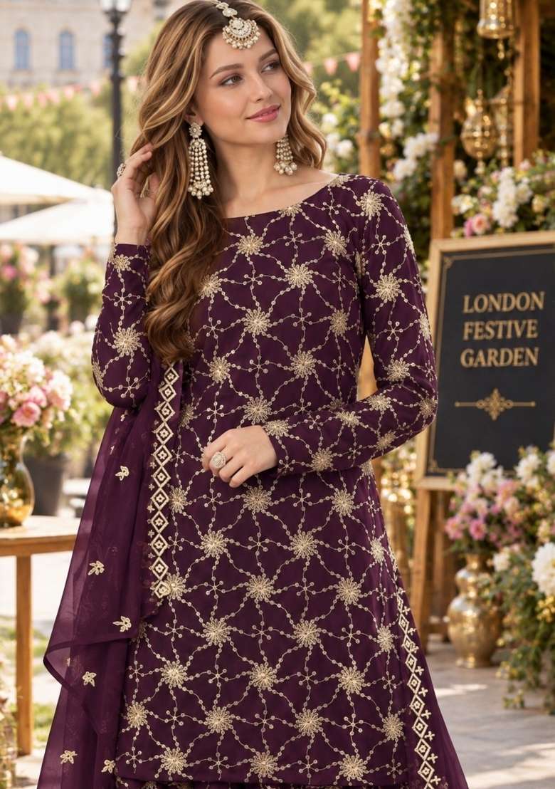 Purple Embroidery Georgette Kurta Set - Indya