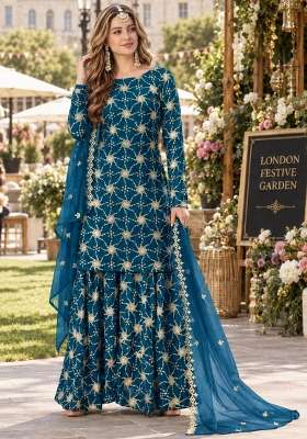 Teal Blue Embroidery Georgette Kurta Set